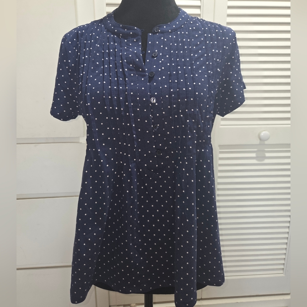 Lands' End Dark Blue Blouse with White Dots Size S